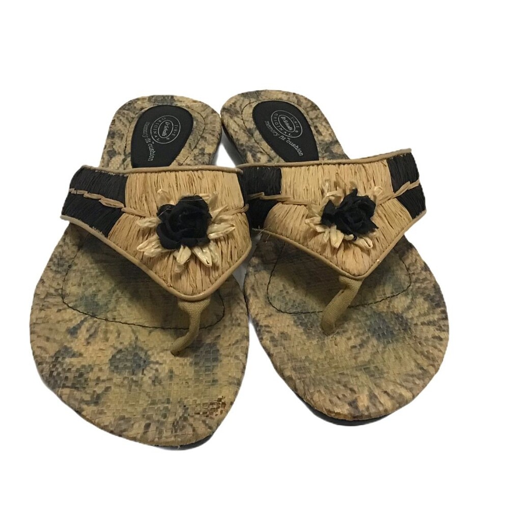 Dr Scholls Original Womens 10 Sandals Thong Memory Comfort Straw Flowers Shoes